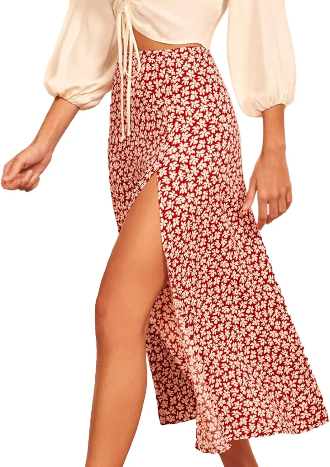 Women's Casual Boho Floral Side Split Skirt Elastic High Waist A Line Summer Beach Midi Skirt