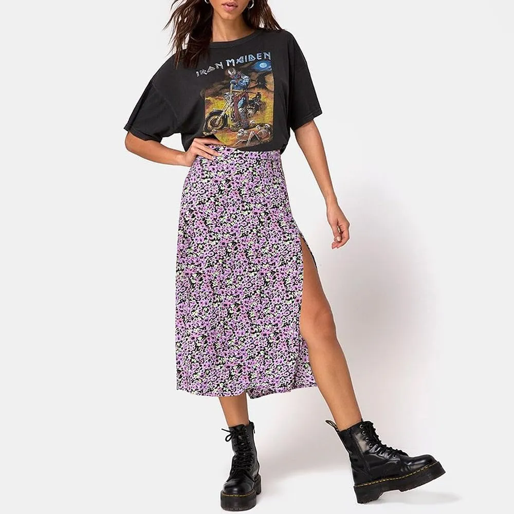 Women's Casual Boho Floral Side Split Skirt Elastic High Waist A Line Summer Beach Midi Skirt