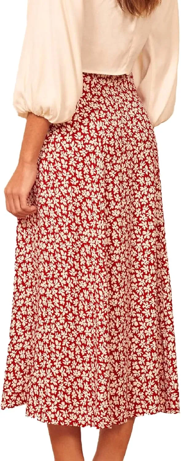 Women's Casual Boho Floral Side Split Skirt Elastic High Waist A Line Summer Beach Midi Skirt
