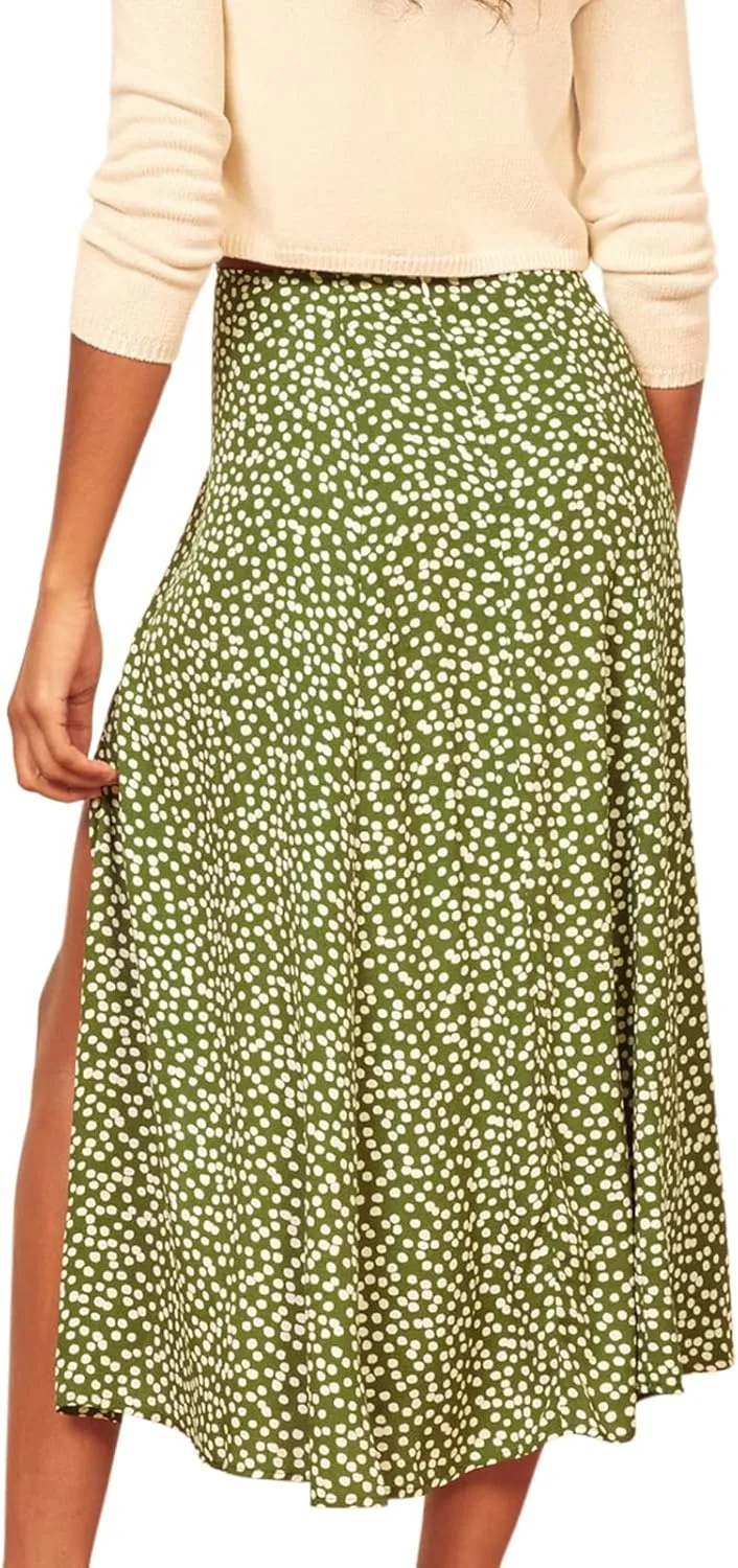 Women's Casual Boho Floral Side Split Skirt Elastic High Waist A Line Summer Beach Midi Skirt