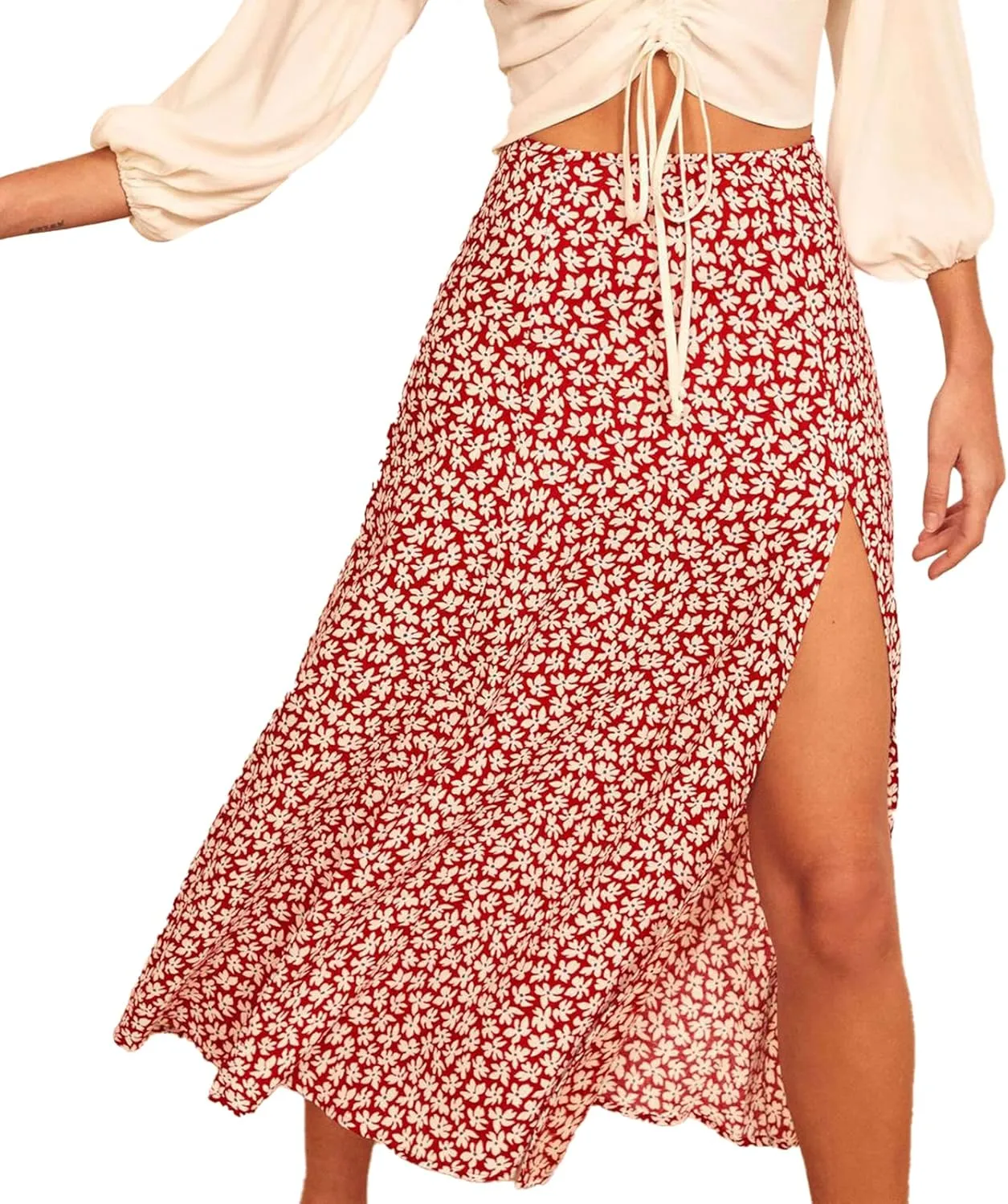 Women's Casual Boho Floral Side Split Skirt Elastic High Waist A Line Summer Beach Midi Skirt