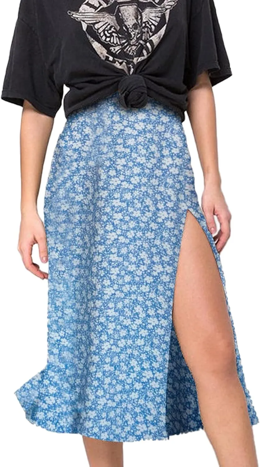 Women's Casual Boho Floral Side Split Skirt Elastic High Waist A Line Summer Beach Midi Skirt