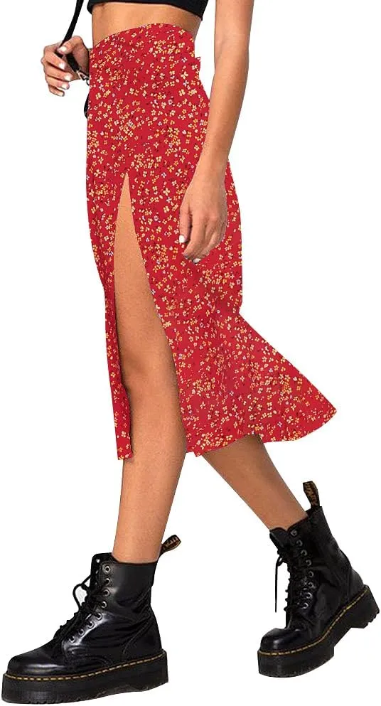 Women's Casual Boho Floral Side Split Skirt Elastic High Waist A Line Summer Beach Midi Skirt