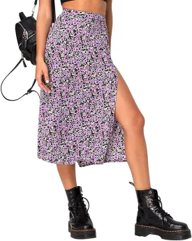 Women's Casual Boho Floral Side Split Skirt Elastic High Waist A Line Summer Beach Midi Skirt