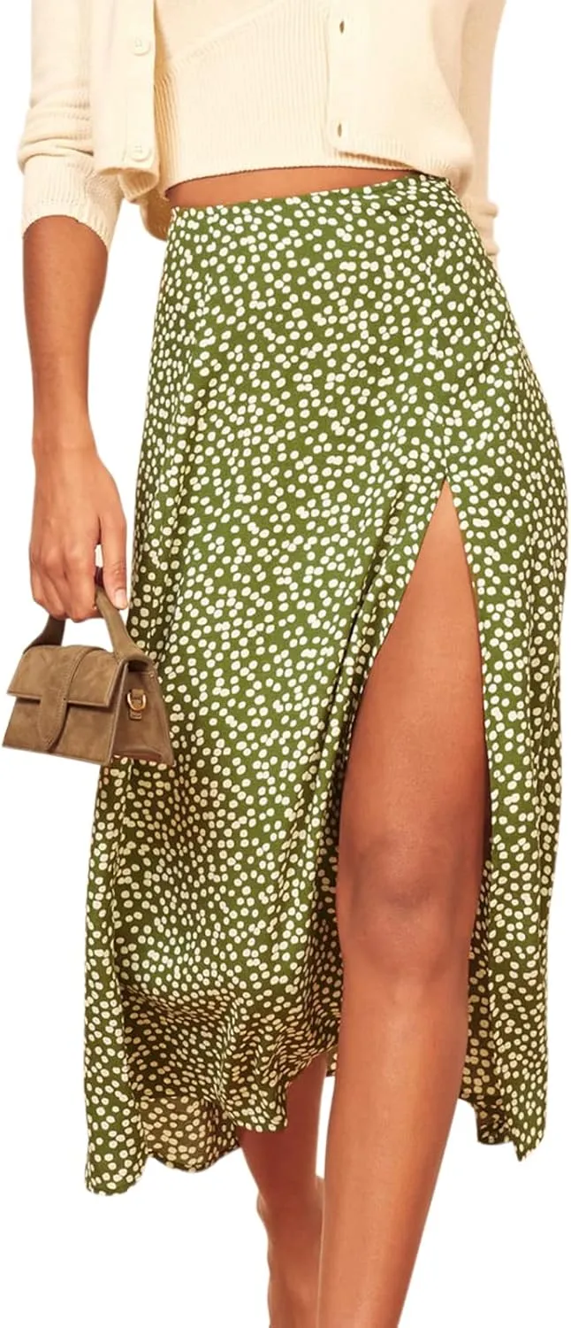 Women's Casual Boho Floral Side Split Skirt Elastic High Waist A Line Summer Beach Midi Skirt