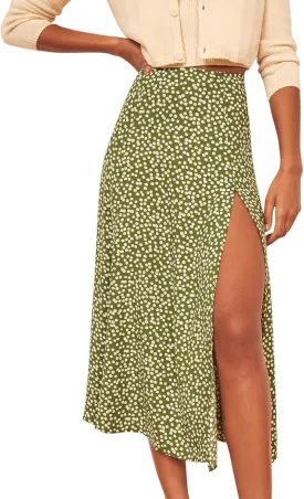 Women's Casual Boho Floral Side Split Skirt Elastic High Waist A Line Summer Beach Midi Skirt