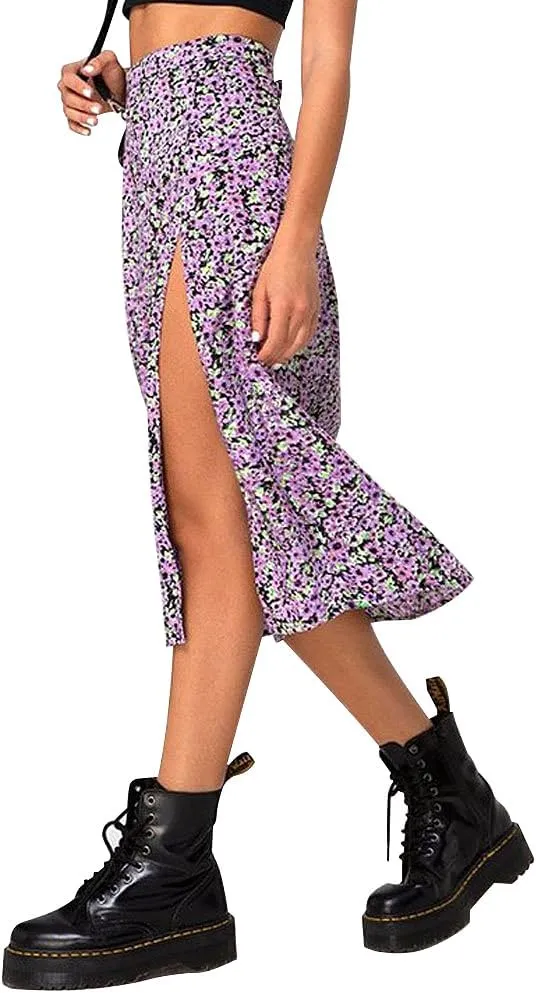 Women's Casual Boho Floral Side Split Skirt Elastic High Waist A Line Summer Beach Midi Skirt
