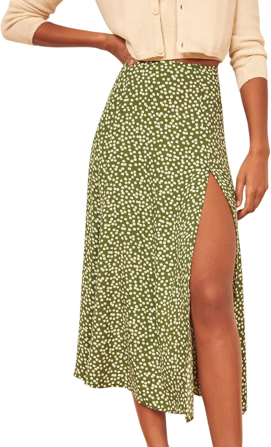 Women's Casual Boho Floral Side Split Skirt Elastic High Waist A Line Summer Beach Midi Skirt
