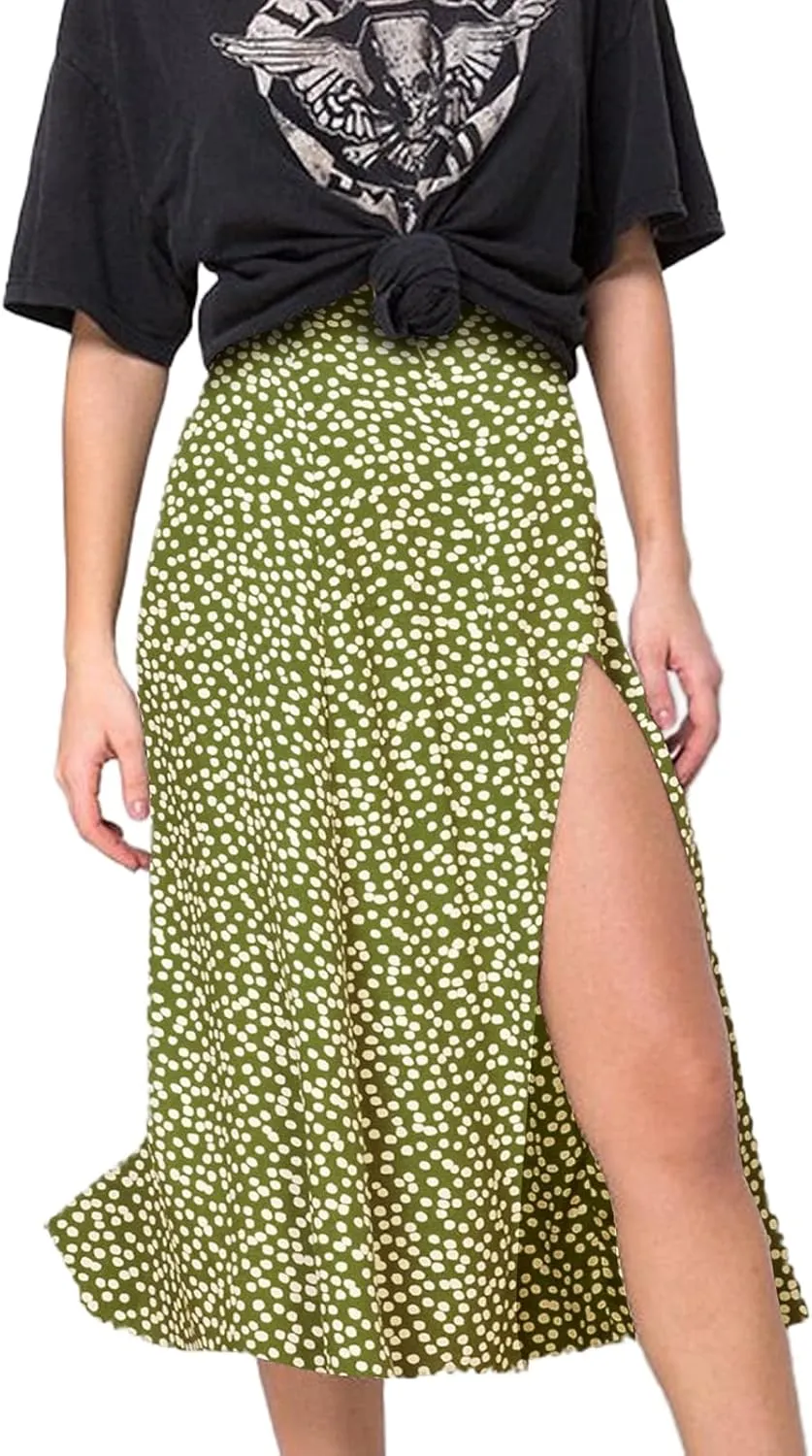 Women's Casual Boho Floral Side Split Skirt Elastic High Waist A Line Summer Beach Midi Skirt