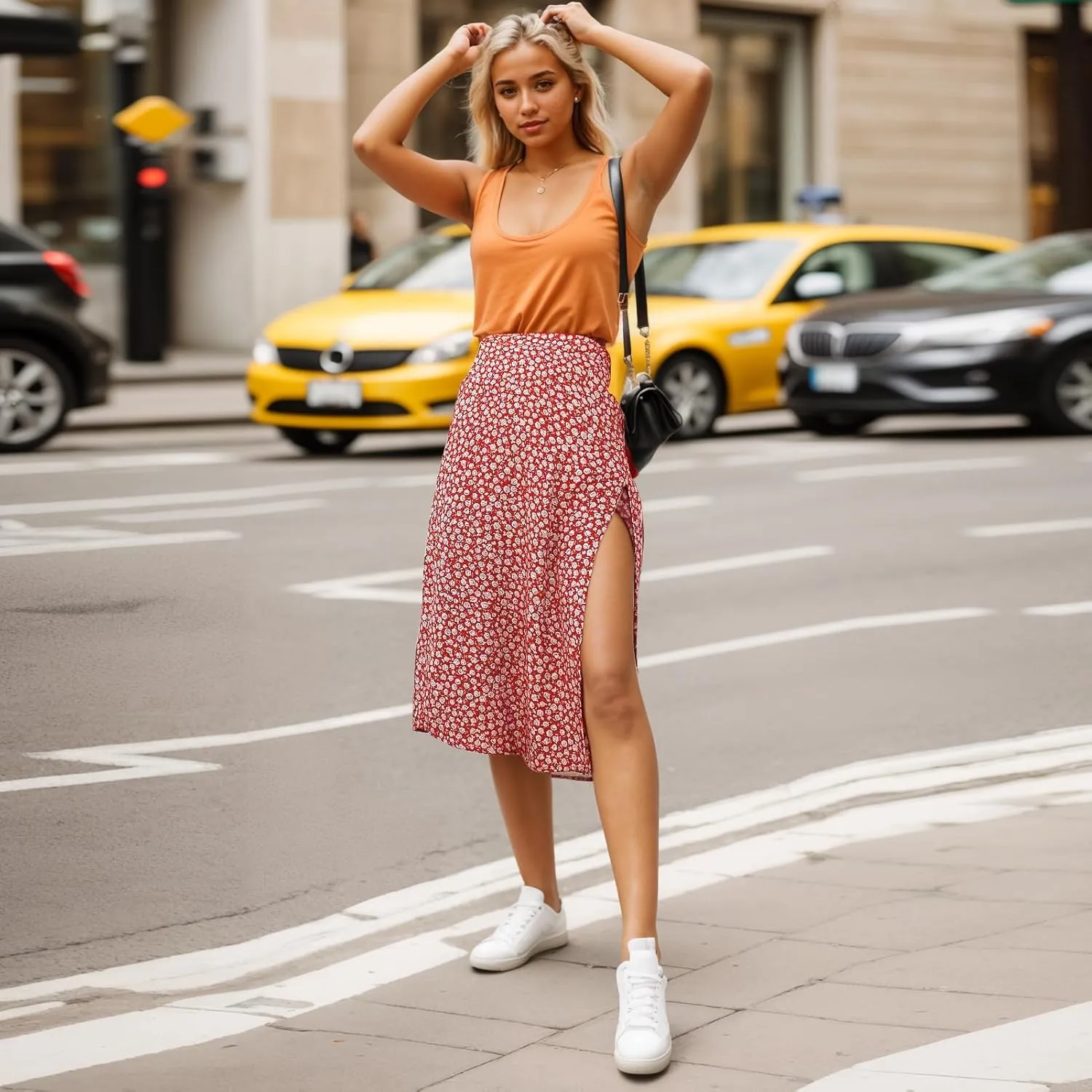 Women's Casual Boho Floral Side Split Skirt Elastic High Waist A Line Summer Beach Midi Skirt