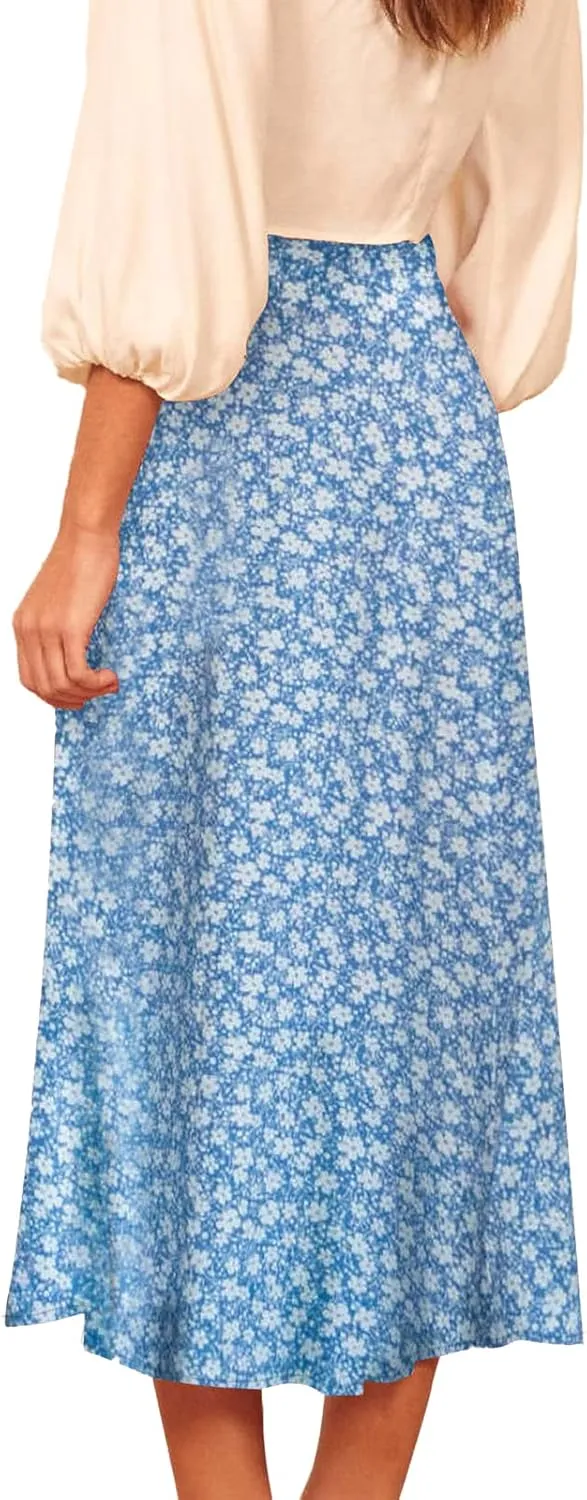 Women's Casual Boho Floral Side Split Skirt Elastic High Waist A Line Summer Beach Midi Skirt