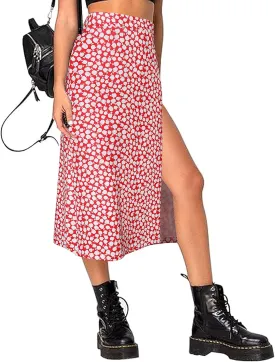 Women's Casual Boho Floral Side Split Skirt Elastic High Waist A Line Summer Beach Midi Skirt