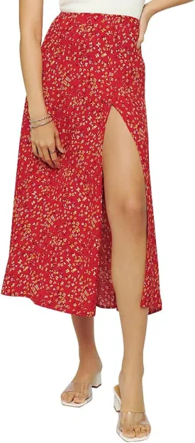 Women's Casual Boho Floral Side Split Skirt Elastic High Waist A Line Summer Beach Midi Skirt