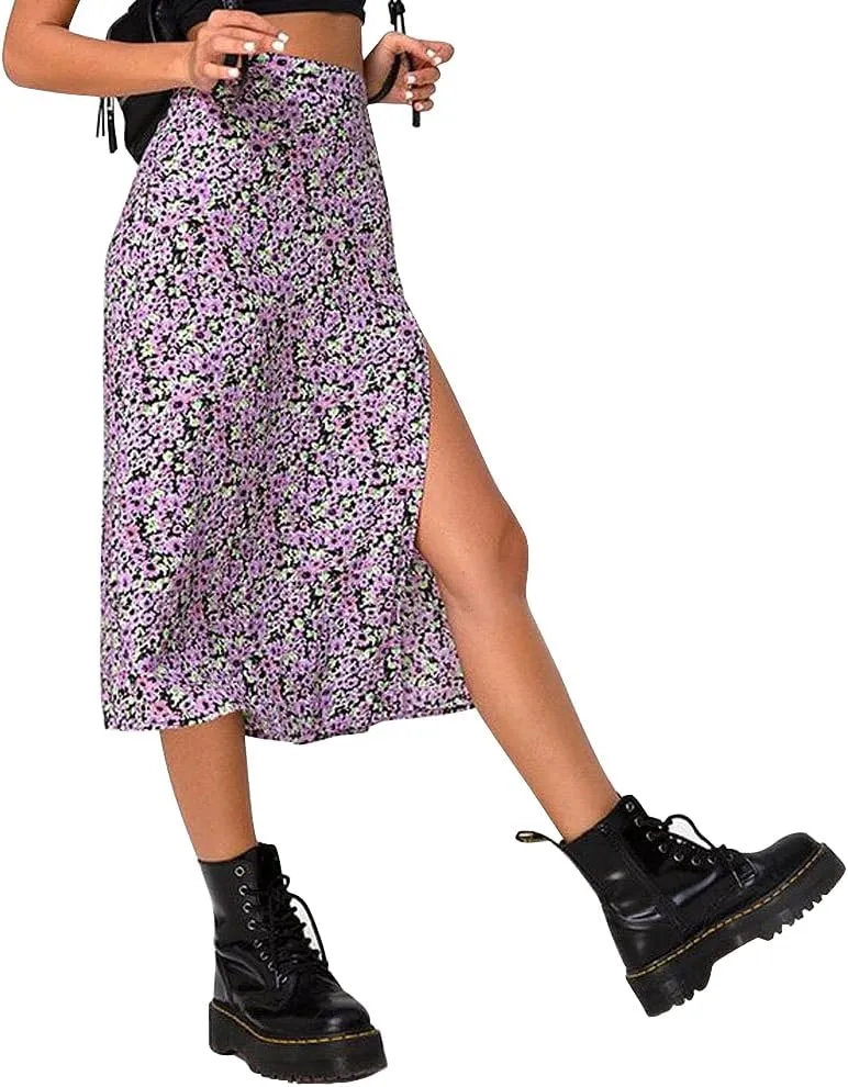 Women's Casual Boho Floral Side Split Skirt Elastic High Waist A Line Summer Beach Midi Skirt