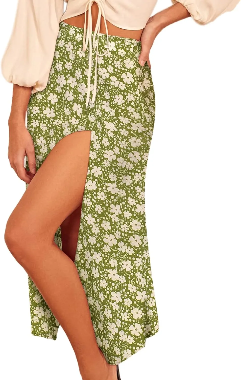 Women's Casual Boho Floral Side Split Skirt Elastic High Waist A Line Summer Beach Midi Skirt