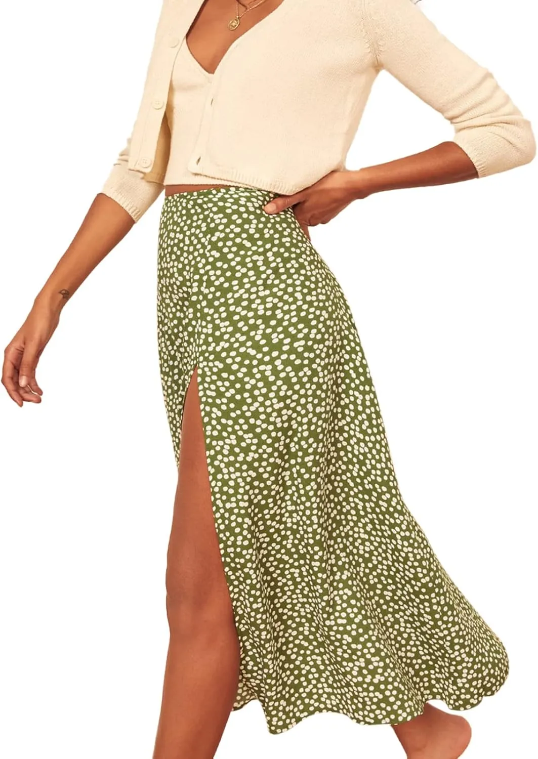 Women's Casual Boho Floral Side Split Skirt Elastic High Waist A Line Summer Beach Midi Skirt