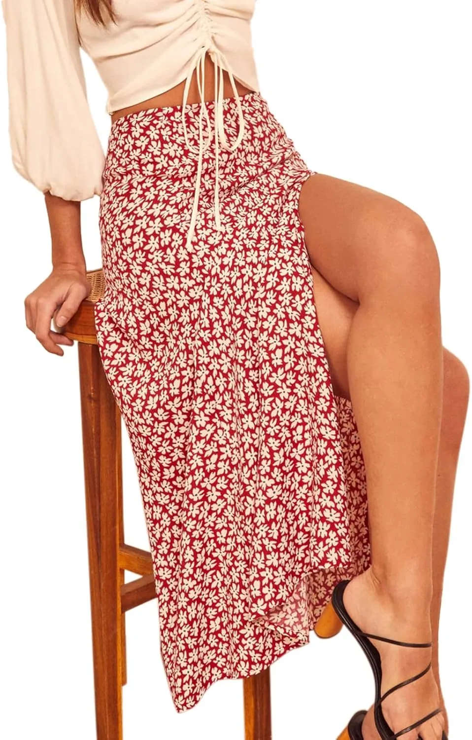 Women's Casual Boho Floral Side Split Skirt Elastic High Waist A Line Summer Beach Midi Skirt