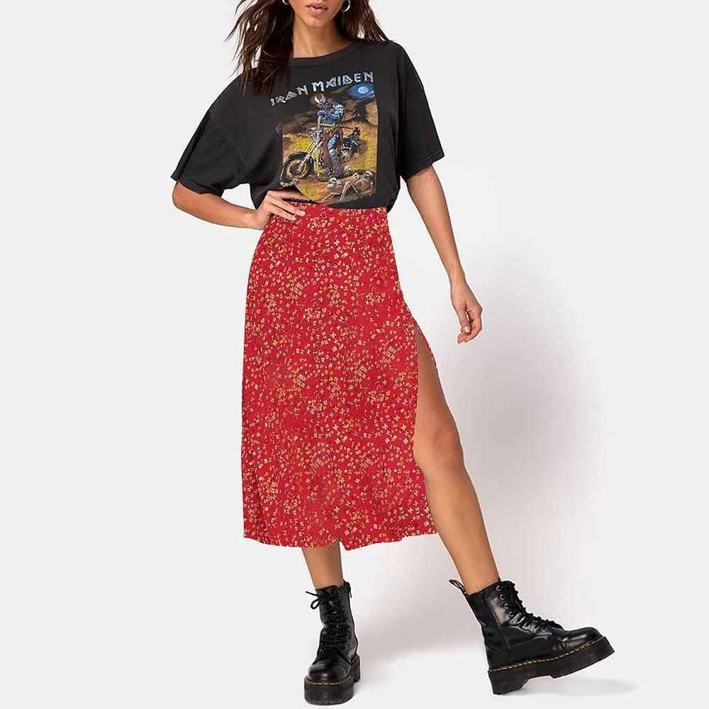 Women's Casual Boho Floral Side Split Skirt Elastic High Waist A Line Summer Beach Midi Skirt