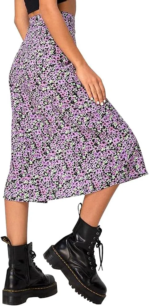 Women's Casual Boho Floral Side Split Skirt Elastic High Waist A Line Summer Beach Midi Skirt