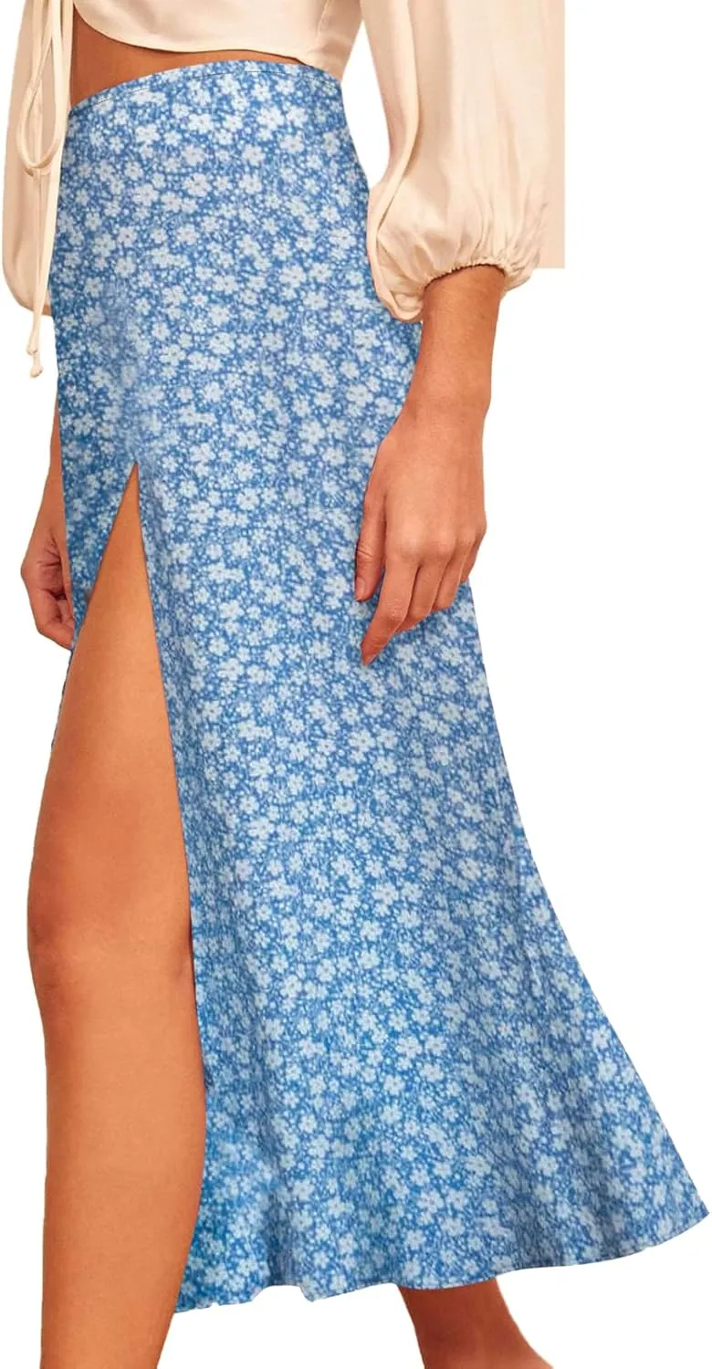 Women's Casual Boho Floral Side Split Skirt Elastic High Waist A Line Summer Beach Midi Skirt