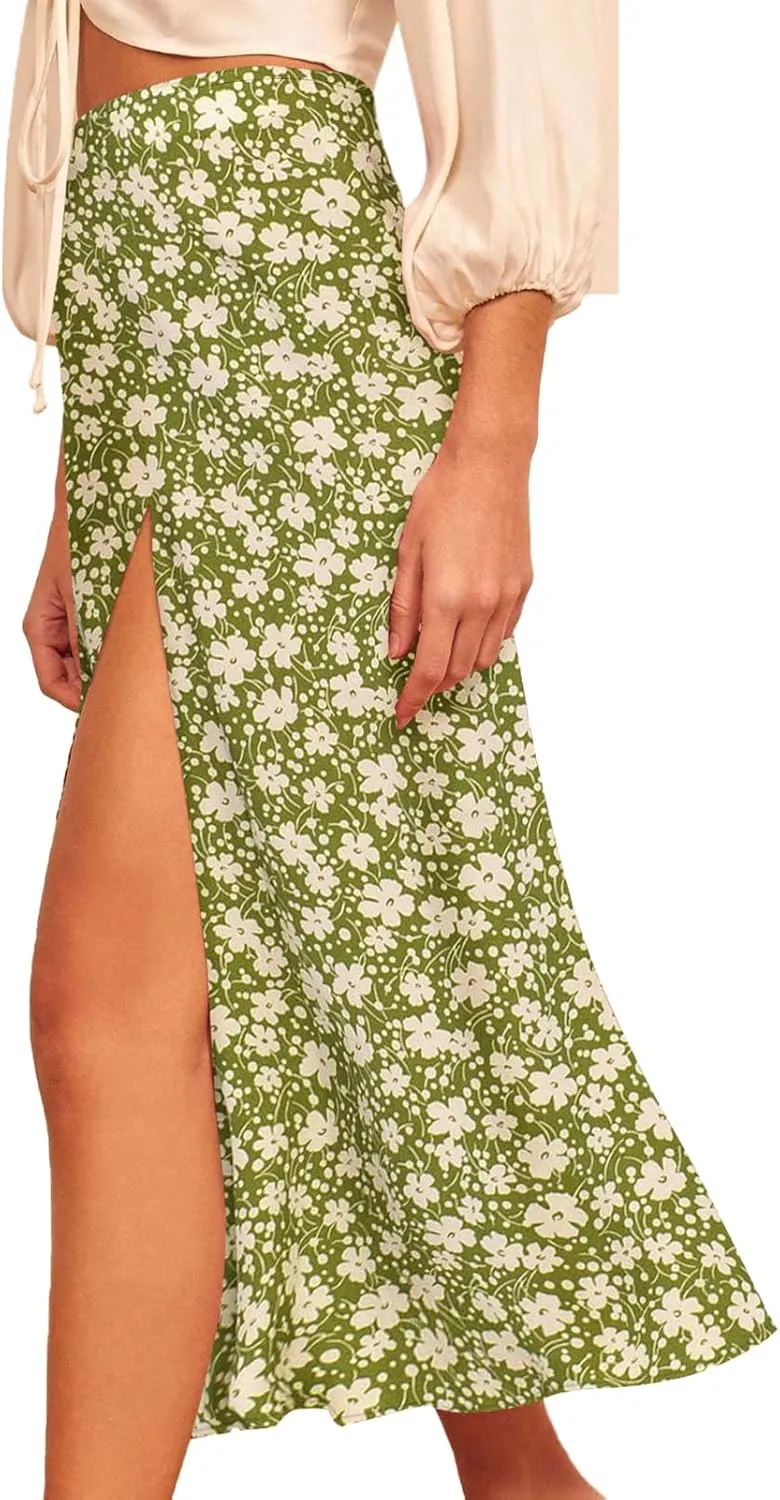 Women's Casual Boho Floral Side Split Skirt Elastic High Waist A Line Summer Beach Midi Skirt