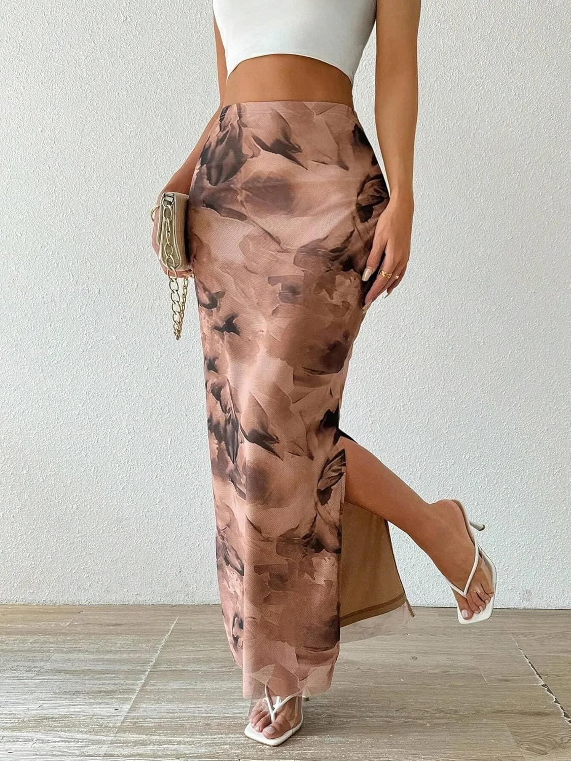 Women's Floral Midi Skirt Mesh Slit Split Long Summer Maxi Skirts Women Outfit