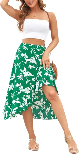 Women's High Waisted Wrap Ruffle Hem Split Midi Skirt