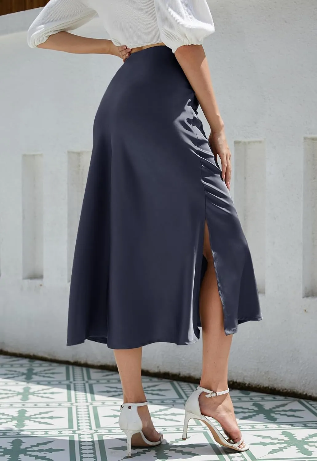 Womens Midi Satin Skirt Side Slit High Elastic Waisted Summer2025 Elegant Solid Skirts for Women
