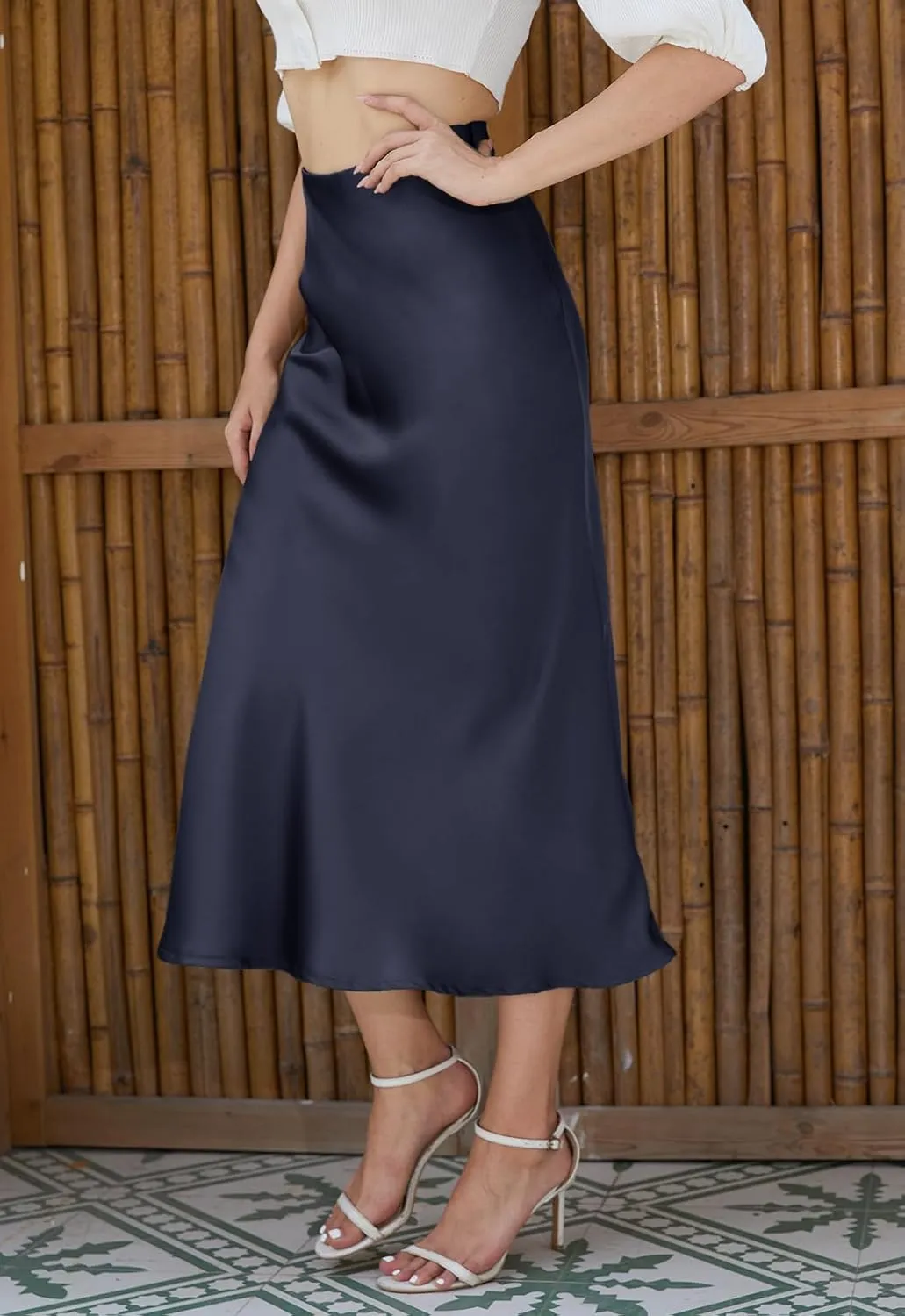 Womens Midi Satin Skirt Side Slit High Elastic Waisted Summer2025 Elegant Solid Skirts for Women