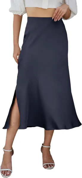 Womens Midi Satin Skirt Side Slit High Elastic Waisted Summer2025 Elegant Solid Skirts for Women