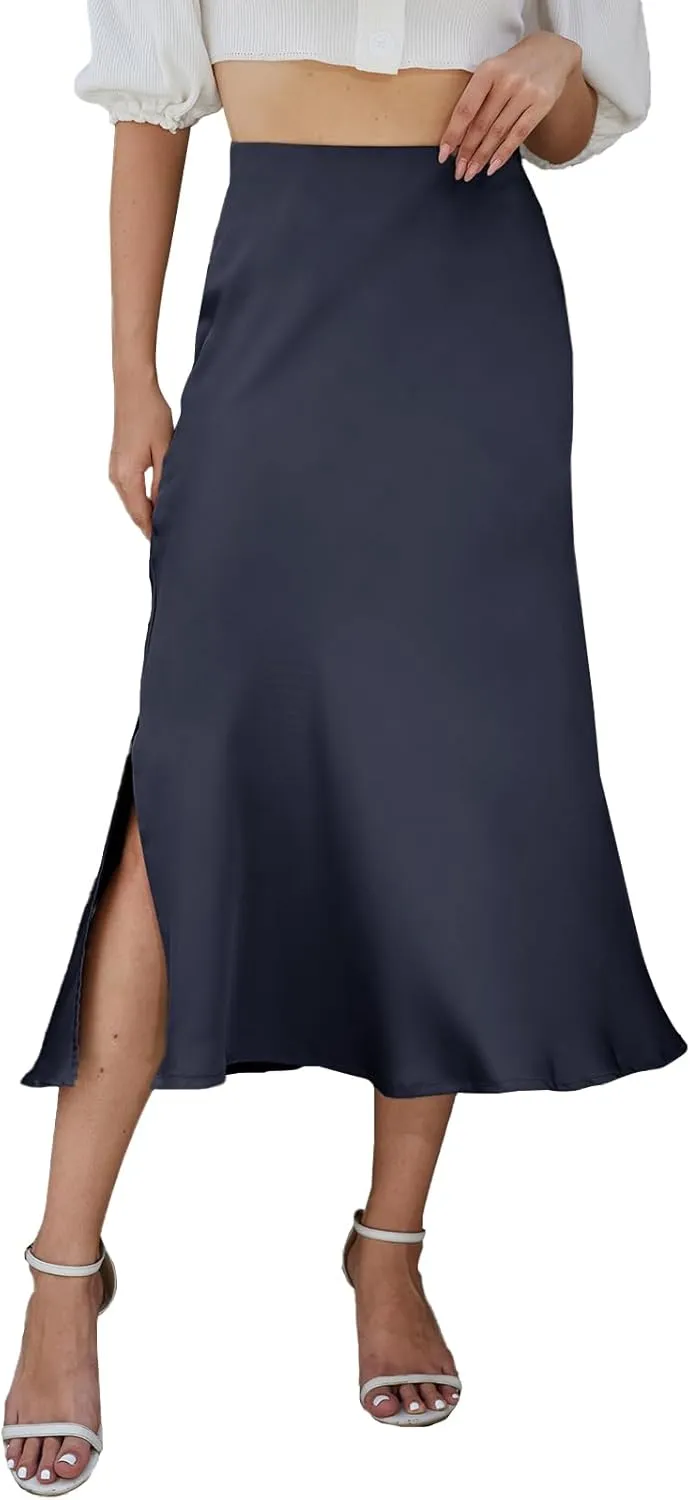 Womens Midi Satin Skirt Side Slit High Elastic Waisted Summer2025 Elegant Solid Skirts for Women