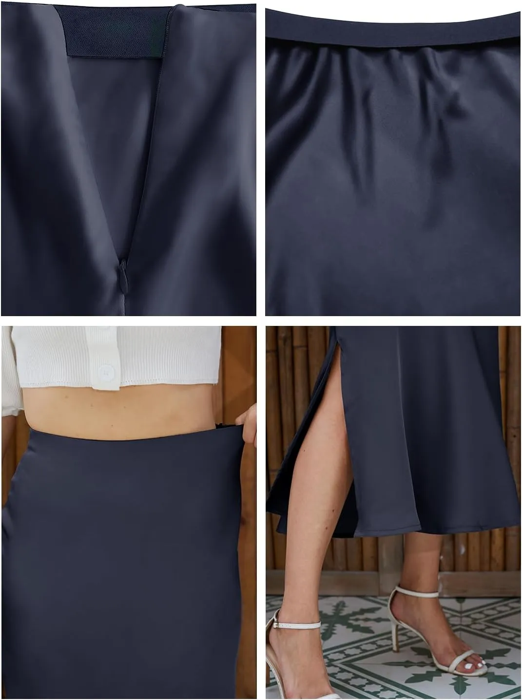 Womens Midi Satin Skirt Side Slit High Elastic Waisted Summer2025 Elegant Solid Skirts for Women