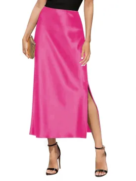 Women's Satin High Waisted Side Split Maxi Skirt Elastic Waistband Elegant Work Skirts Party A-Line Skirts