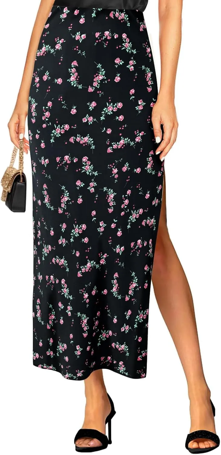 Women's Satin High Waisted Side Split Maxi Skirt Elastic Waistband Elegant Work Skirts Party A-Line Skirts