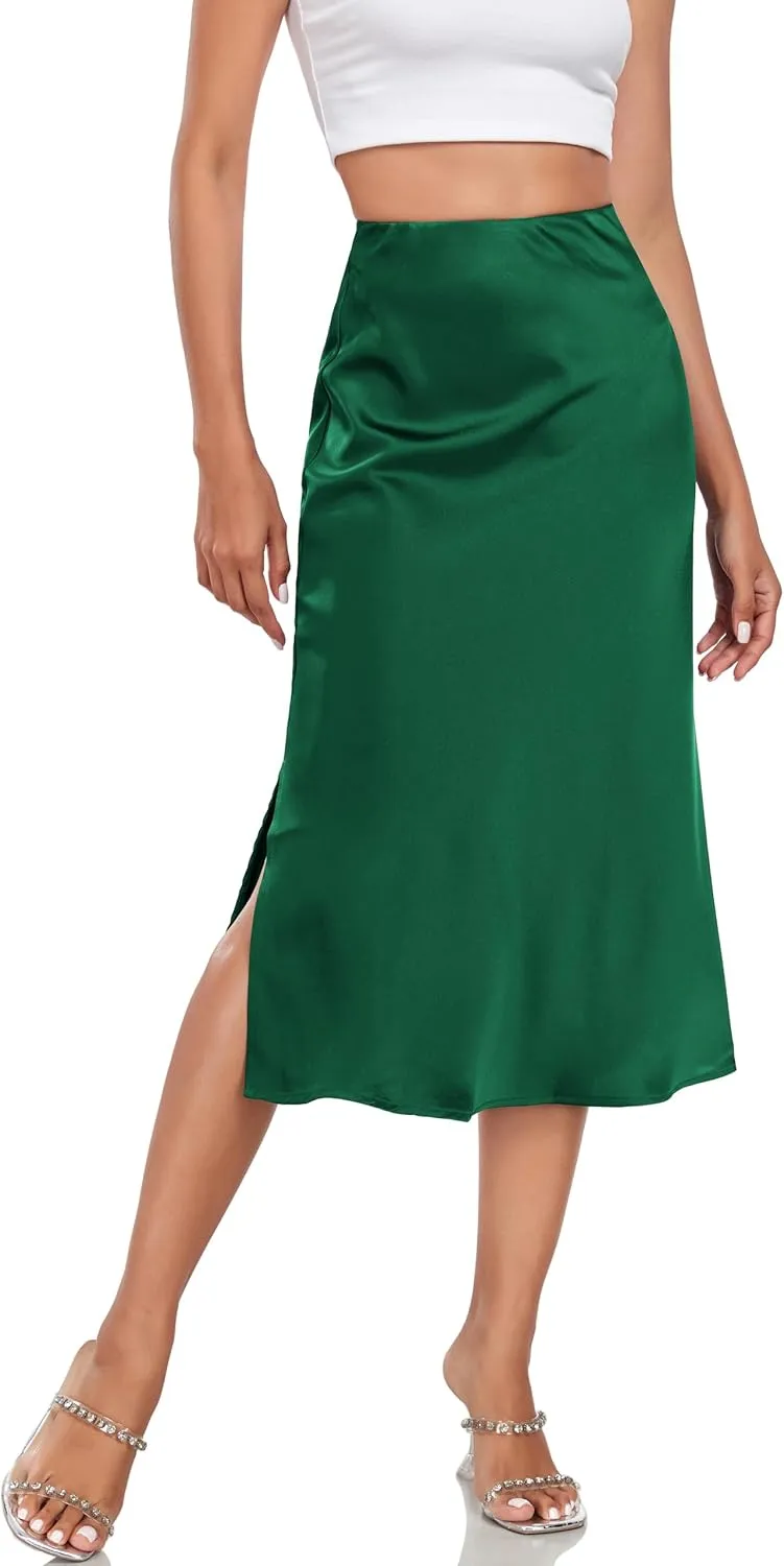 Women's Silk Satin Midi Skirts High Waist Elastic Ruffle Elegant A Line Elegant Casual Slit Party Skirt