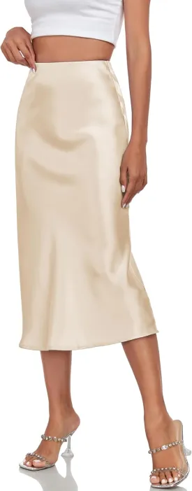 Women's Silk Satin Midi Skirts High Waist Elastic Ruffle Elegant A Line Elegant Casual Slit Party Skirt