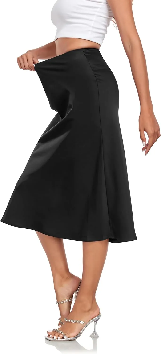 Women's Silk Satin Midi Skirts High Waist Elastic Ruffle Elegant A Line Elegant Casual Slit Party Skirt