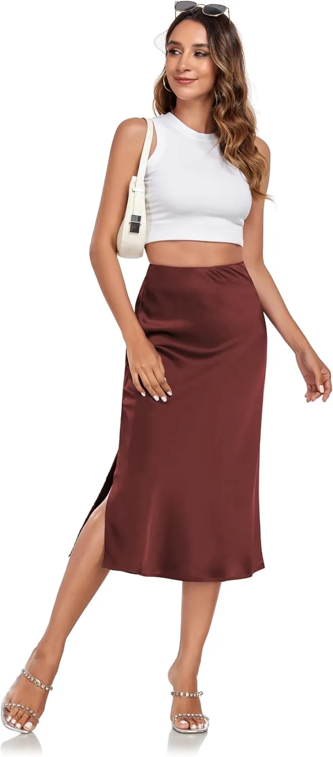 Women's Silk Satin Midi Skirts High Waist Elastic Ruffle Elegant A Line Elegant Casual Slit Party Skirt