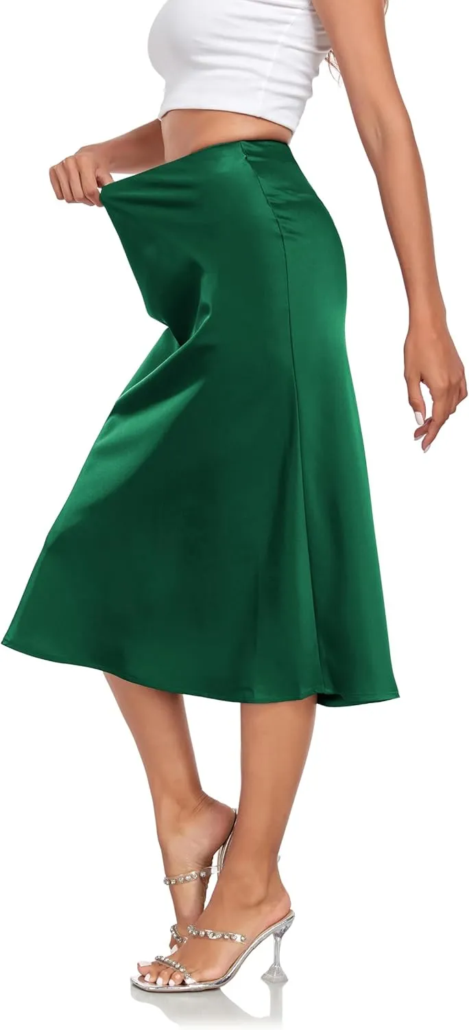 Women's Silk Satin Midi Skirts High Waist Elastic Ruffle Elegant A Line Elegant Casual Slit Party Skirt