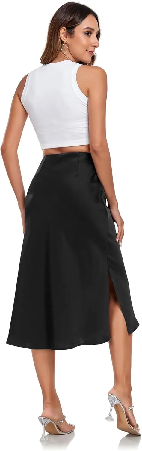 Women's Silk Satin Midi Skirts High Waist Elastic Ruffle Elegant A Line Elegant Casual Slit Party Skirt