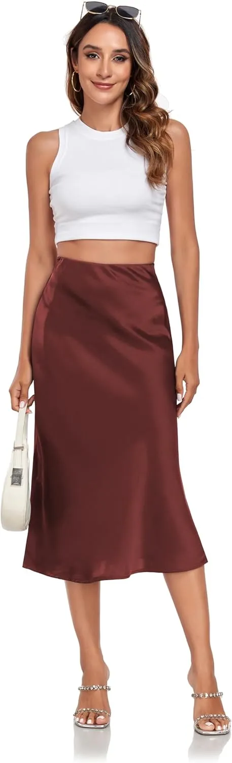 Women's Silk Satin Midi Skirts High Waist Elastic Ruffle Elegant A Line Elegant Casual Slit Party Skirt