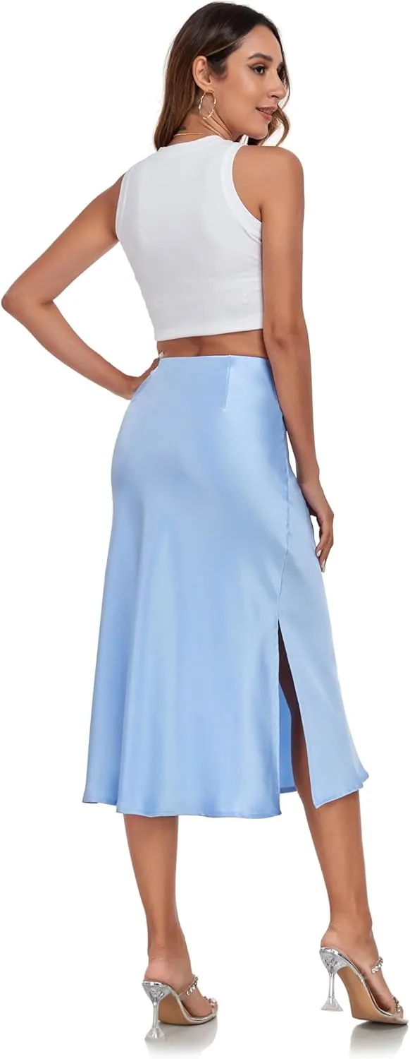 Women's Silk Satin Midi Skirts High Waist Elastic Ruffle Elegant A Line Elegant Casual Slit Party Skirt
