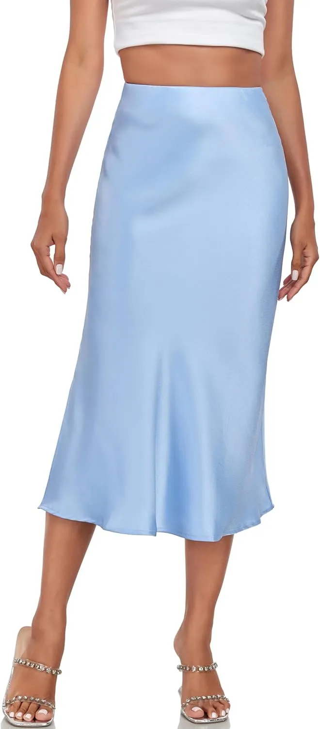 Women's Silk Satin Midi Skirts High Waist Elastic Ruffle Elegant A Line Elegant Casual Slit Party Skirt