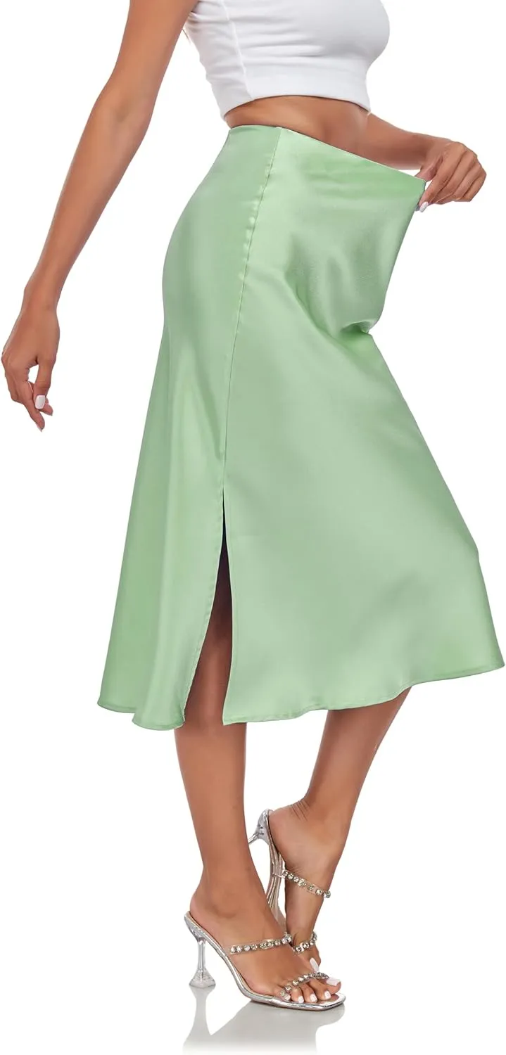 Women's Silk Satin Midi Skirts High Waist Elastic Ruffle Elegant A Line Elegant Casual Slit Party Skirt