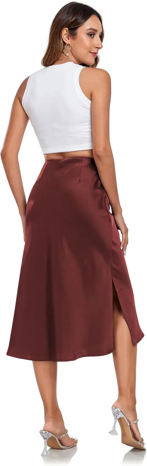 Women's Silk Satin Midi Skirts High Waist Elastic Ruffle Elegant A Line Elegant Casual Slit Party Skirt