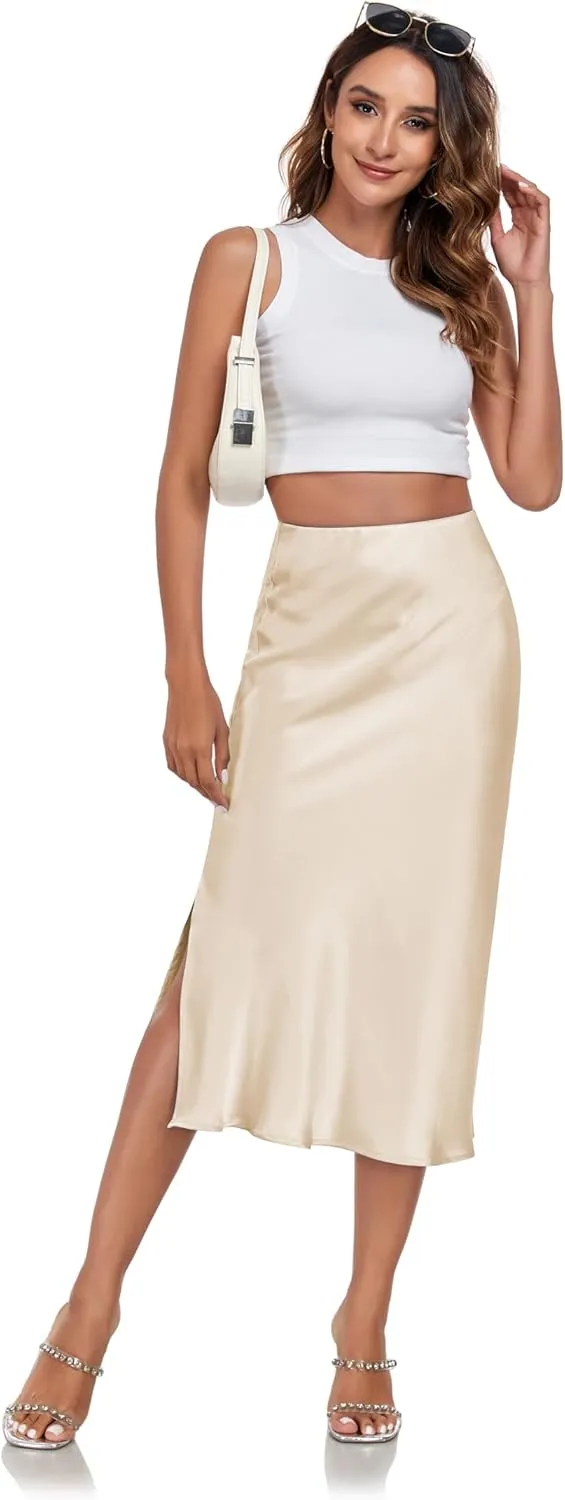 Women's Silk Satin Midi Skirts High Waist Elastic Ruffle Elegant A Line Elegant Casual Slit Party Skirt
