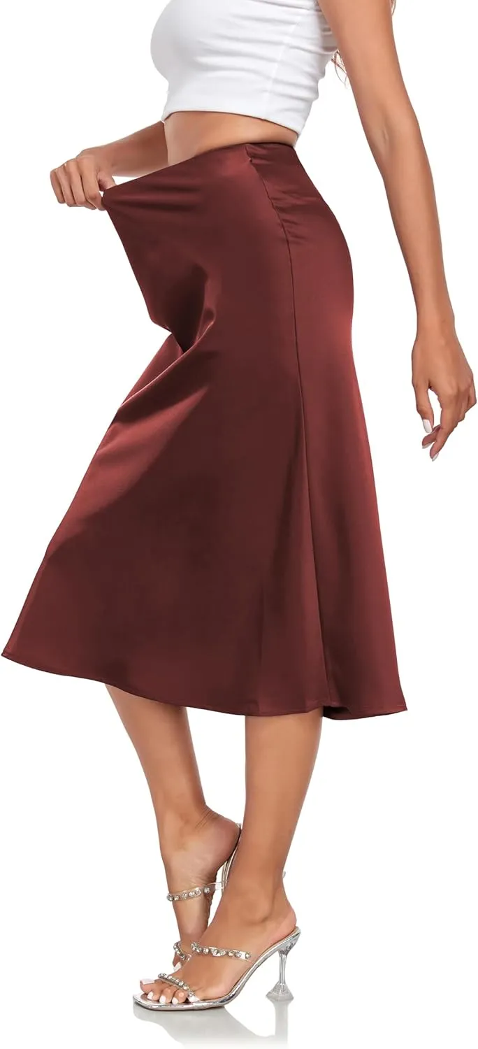 Women's Silk Satin Midi Skirts High Waist Elastic Ruffle Elegant A Line Elegant Casual Slit Party Skirt