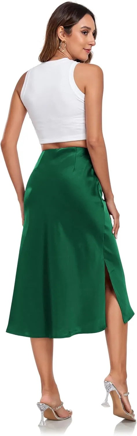 Women's Silk Satin Midi Skirts High Waist Elastic Ruffle Elegant A Line Elegant Casual Slit Party Skirt