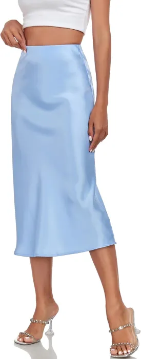 Women's Silk Satin Midi Skirts High Waist Elastic Ruffle Elegant A Line Elegant Casual Slit Party Skirt