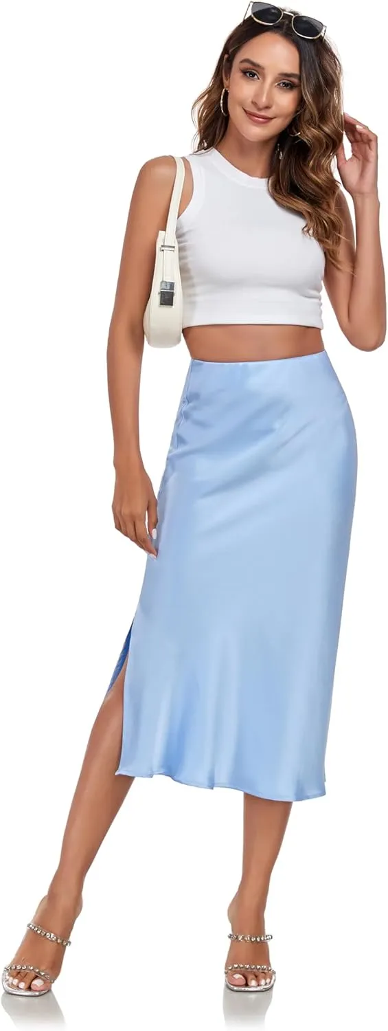 Women's Silk Satin Midi Skirts High Waist Elastic Ruffle Elegant A Line Elegant Casual Slit Party Skirt